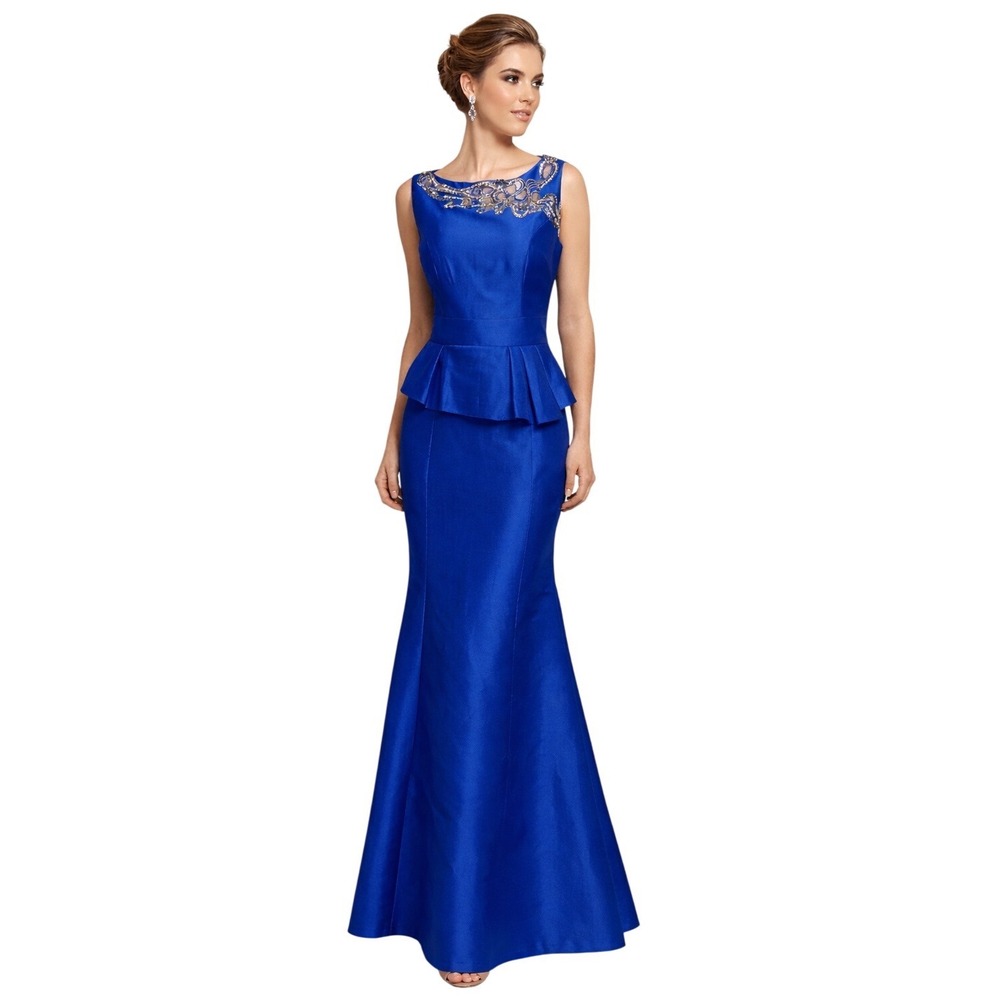 THEIA Royal Blue Beaded Neckline Peplum Gown Mermaid Skirt Formal‎ Event Size 4
